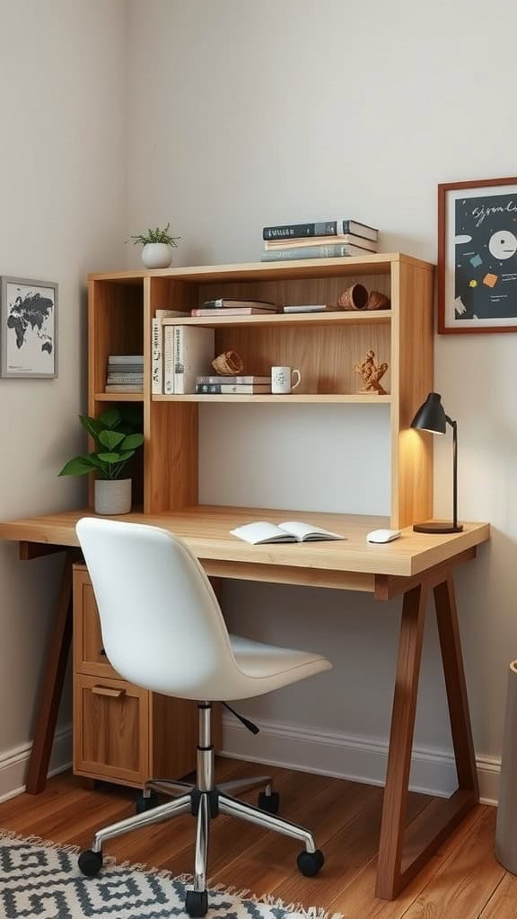 A well-organized dorm desk with books, a lamp, and a plant, creating a cozy study space.