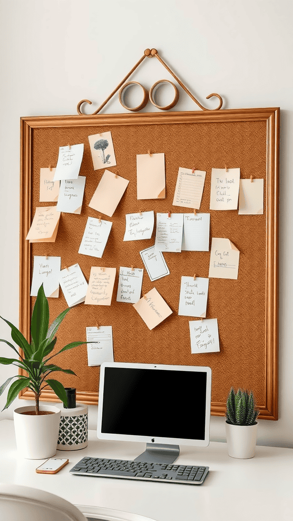 A stylish pinboard filled with notes and reminders above a computer desk.