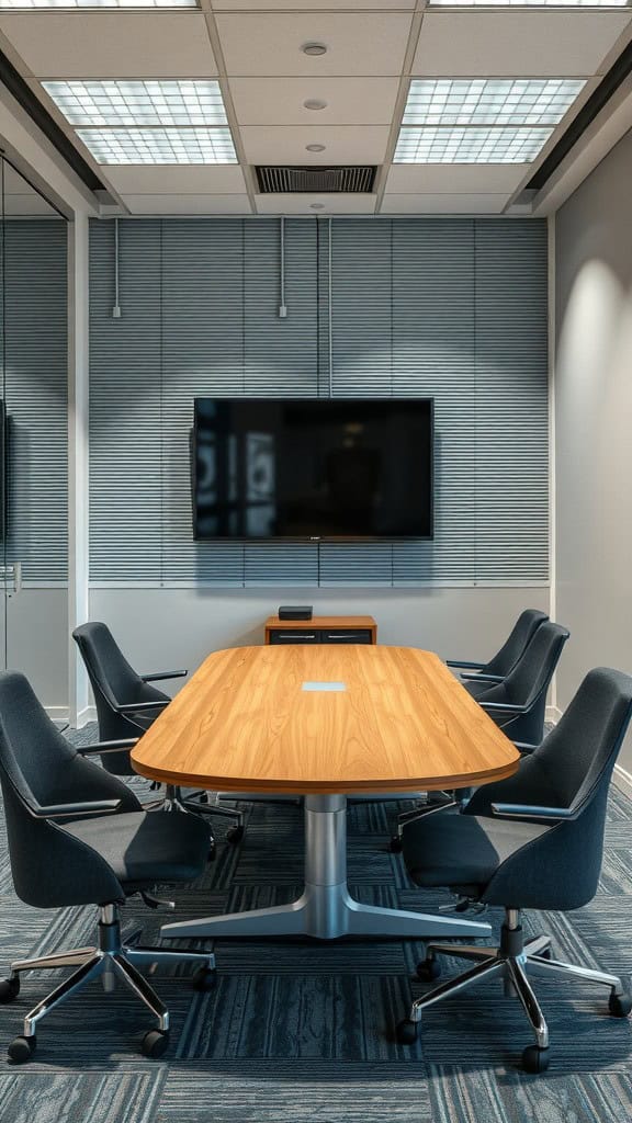 A modern small conference room with a wooden table, six chairs, and a TV mounted on the wall.