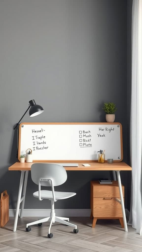 A modern desk setup featuring a small whiteboard, a chair, and a lamp in a stylish dorm room.