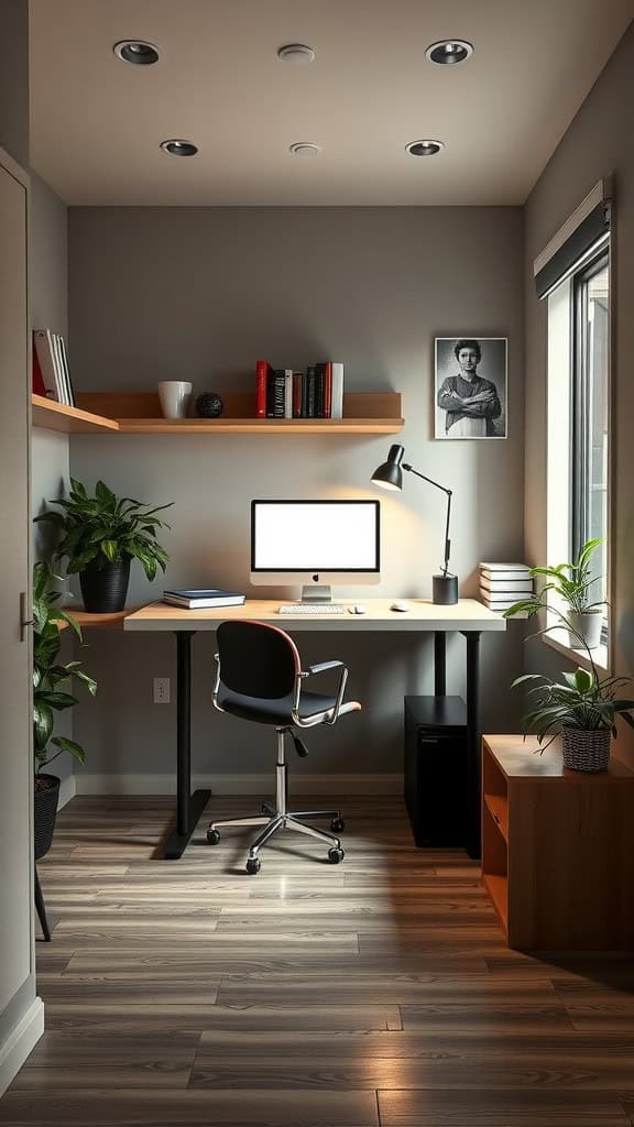 A modern home office featuring a standing desk option with plants and organized shelves.