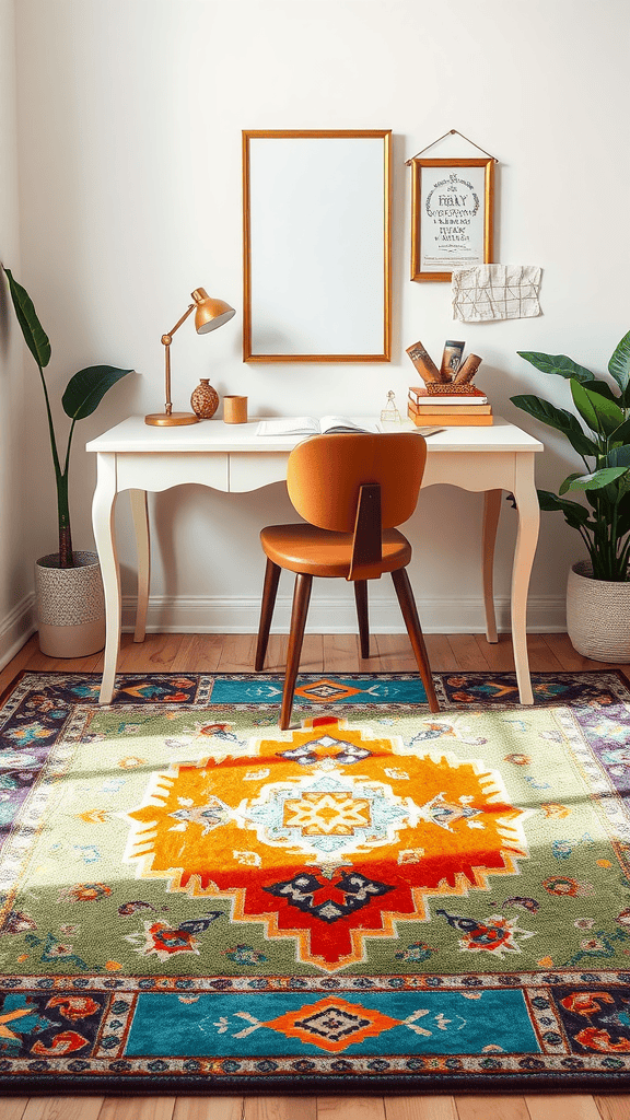 A stylish rug under a desk in a bright room with plants.