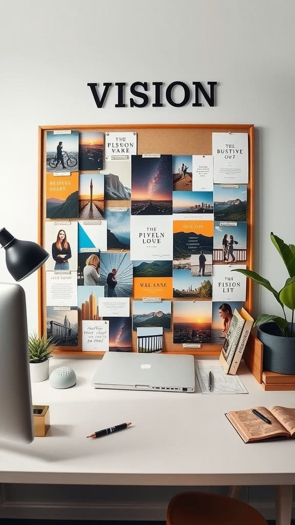 A vision board filled with inspiring images and quotes in a cozy home office setting.