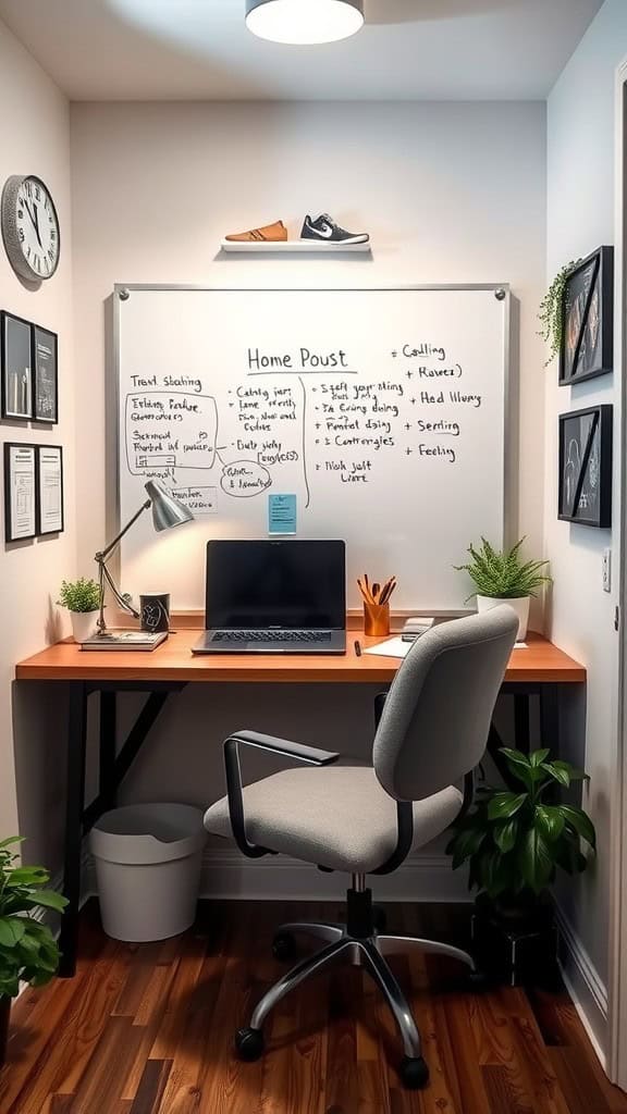 A small home office featuring a desk, chair, laptop, and a whiteboard with notes and ideas.