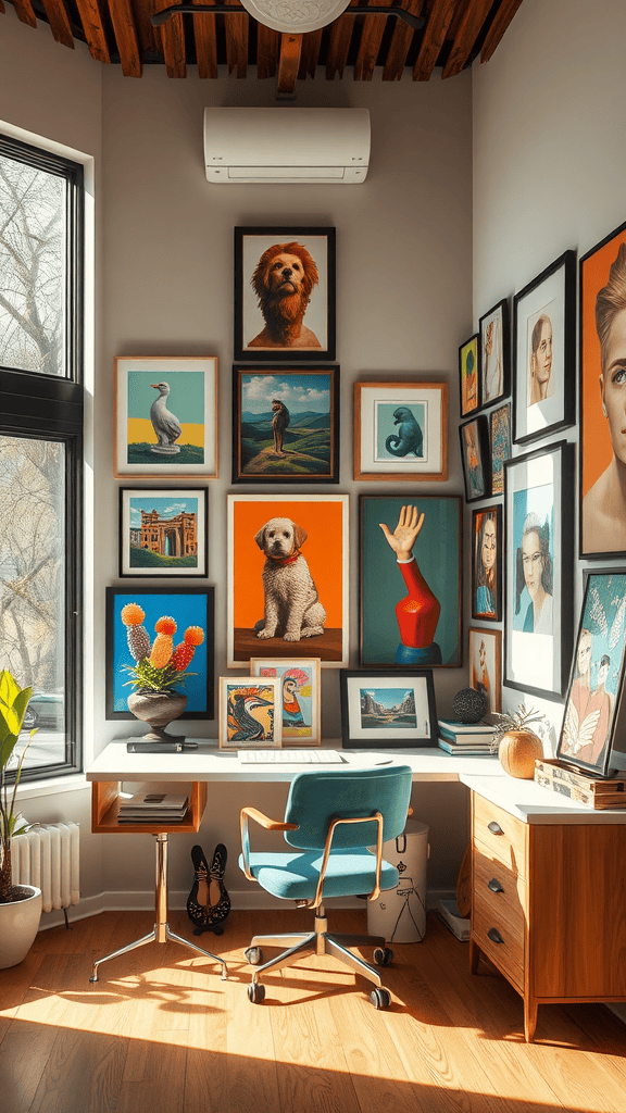 A bright and artistic corner with various framed artworks, a desk, and a chair, illuminated by sunlight.