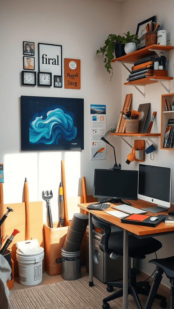 A cozy workspace featuring art supplies, a desk with two monitors, and colorful artwork on the walls.