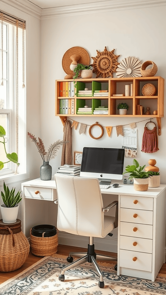 A beautifully organized workspace featuring artisanal decor like woven baskets and handmade wall art.