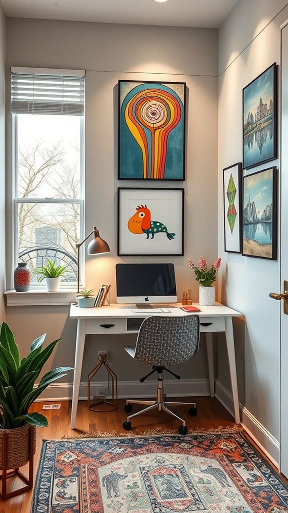 A modern home office featuring colorful artwork, a desk with a computer, and plants.