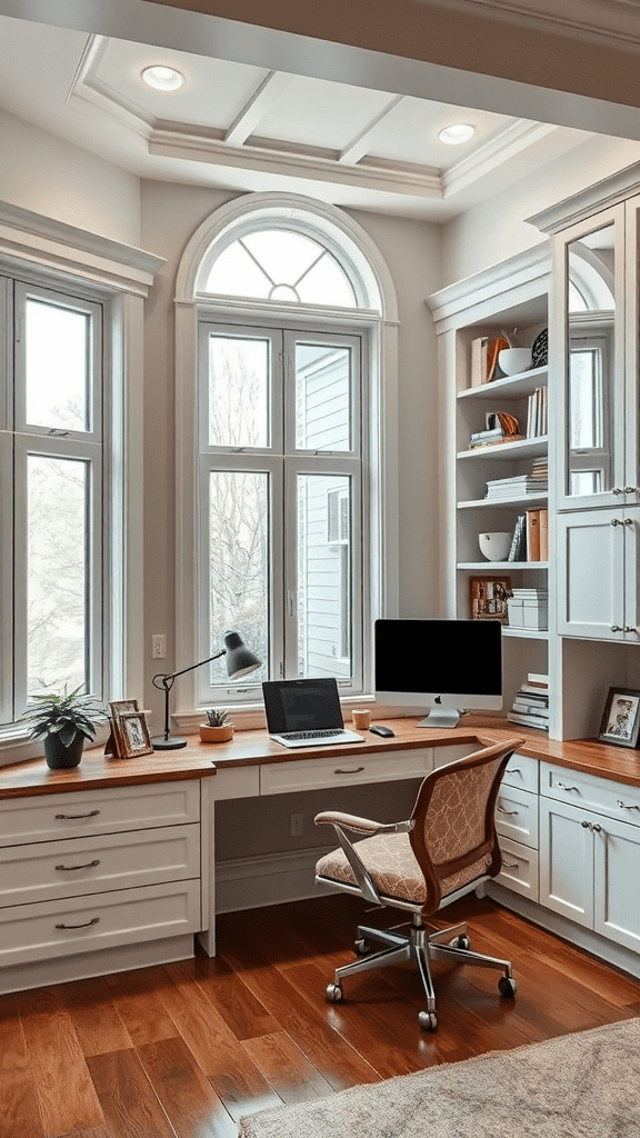 A cozy office space with built-in storage around large windows, featuring a desk and chair.