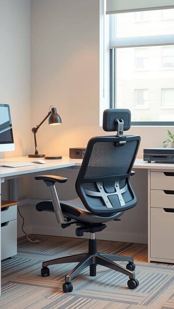 A modern ergonomic chair positioned at a desk in a bright office space.