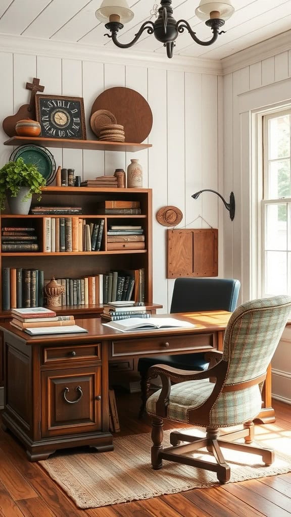 A warm and inviting farmhouse-inspired home office with a wooden desk, bookshelves, and family heirlooms.