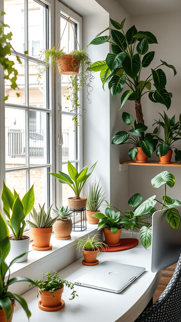 Indoor window space filled with various potted plants, creating a vibrant and cozy atmosphere.