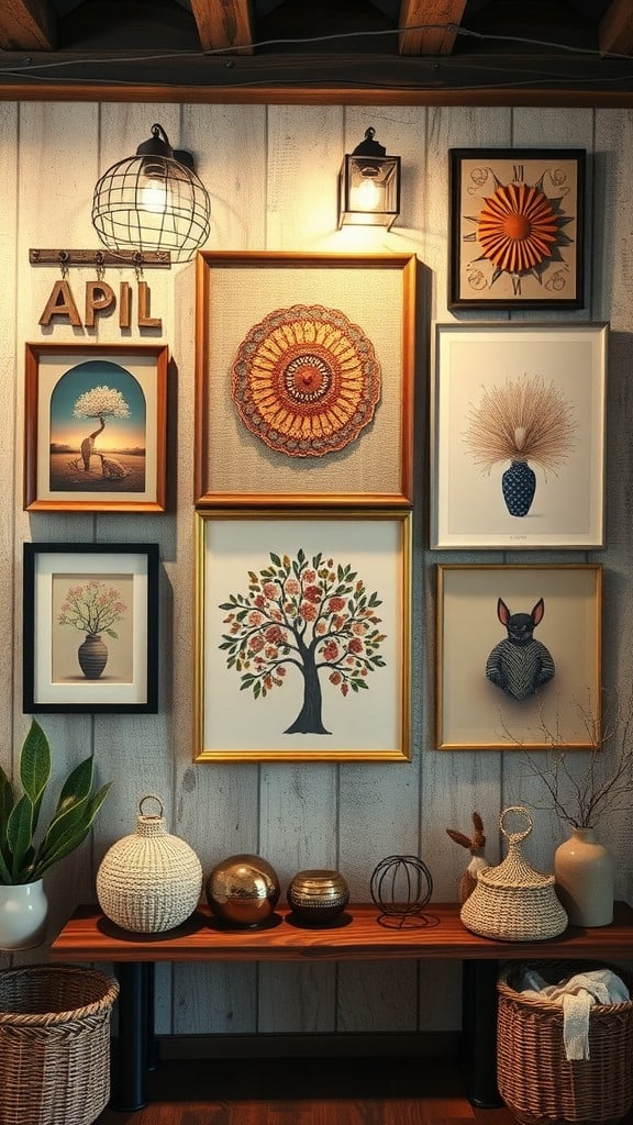 A cozy display of handmade crafts and art on a wall, featuring various framed artworks and decorative items on a wooden bench.