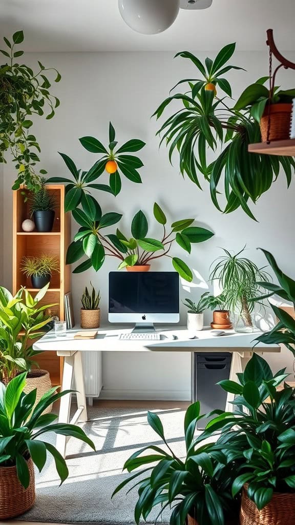 Home office with a desk in the middle surrounded by various indoor plants.