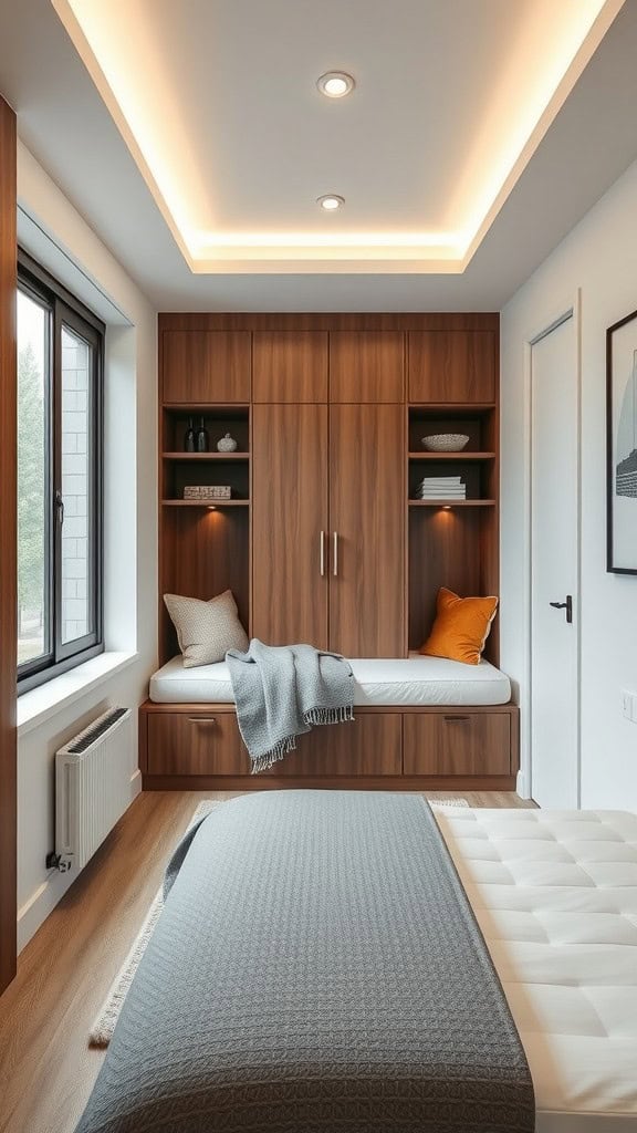 A modern cozy bedroom with a wooden wall unit, minimalist decor, and a comfortable seating area.