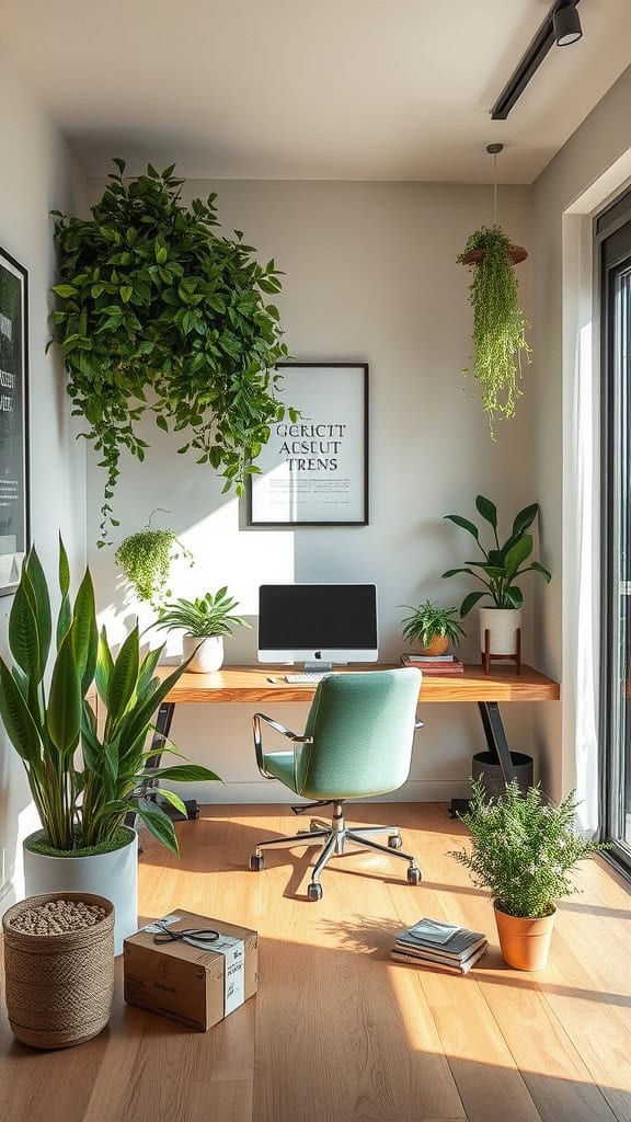 A modern luxury home office filled with plants and natural light.