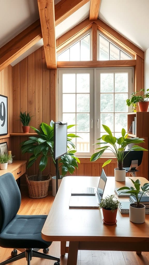 A bright, natural wood home office with plants and a workspace, featuring large windows and a cozy atmosphere.