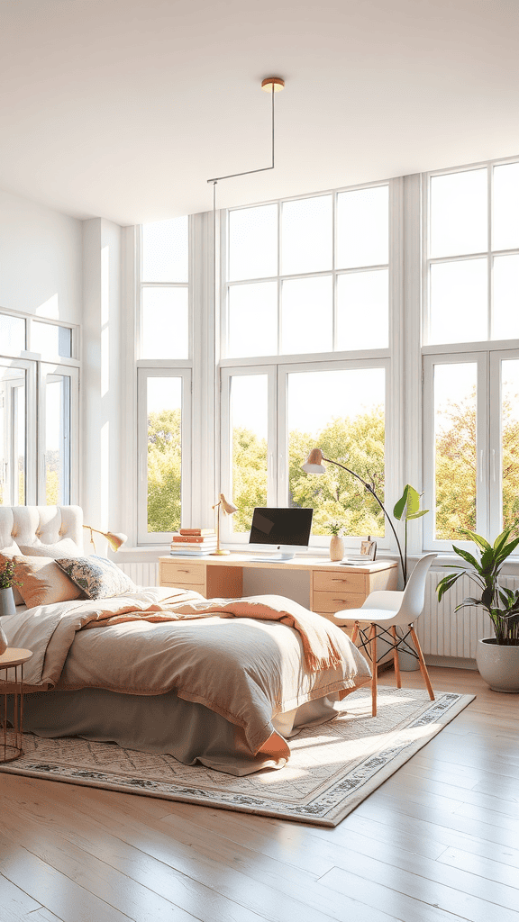 Bright and airy bedroom with large windows and natural light