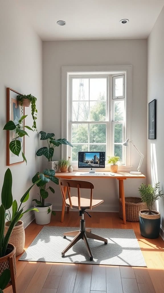 A small home office with a desk by the window, plants, and natural light.