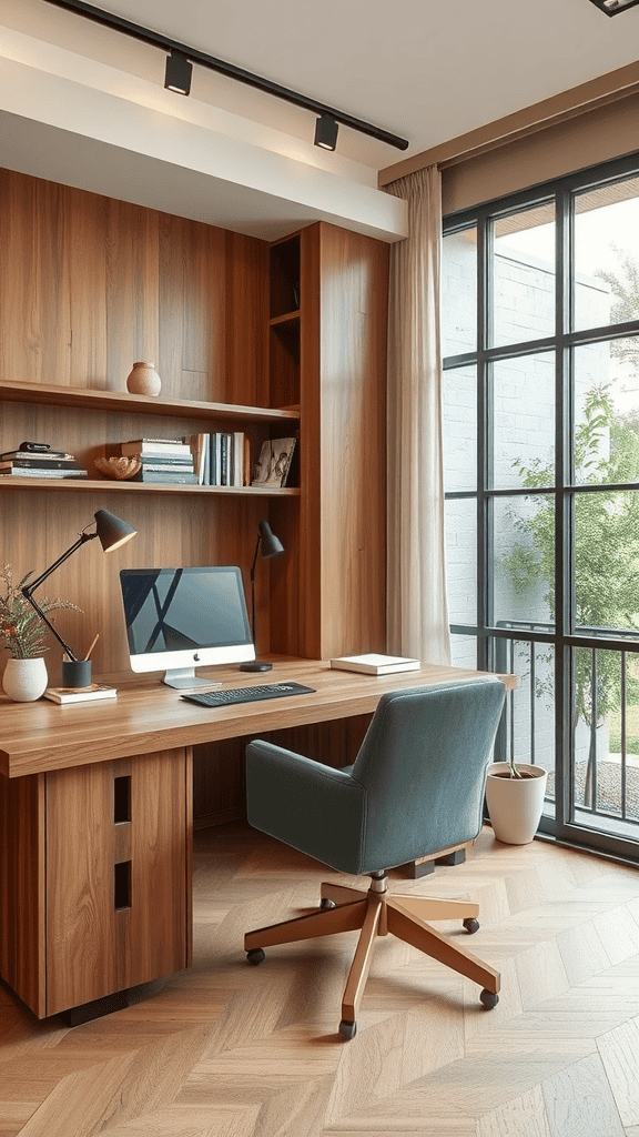 A stylish home office featuring a wooden desk, green chair, and large windows with natural light.