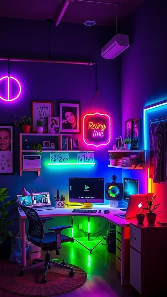 A colorful workspace with neon lights, showcasing a vibrant atmosphere.