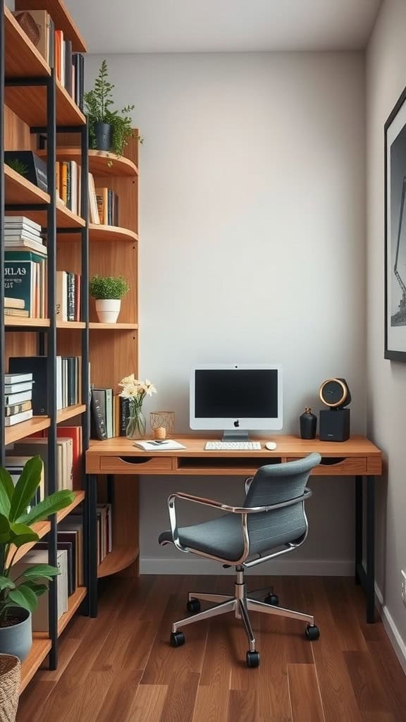 A small home office featuring open shelving with books and plants, a wooden desk with a computer, and a comfortable chair.