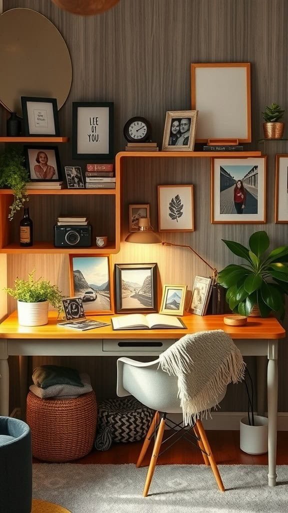 A cozy home office featuring a stylish desk with personal mementos on the wall and a comfortable chair.