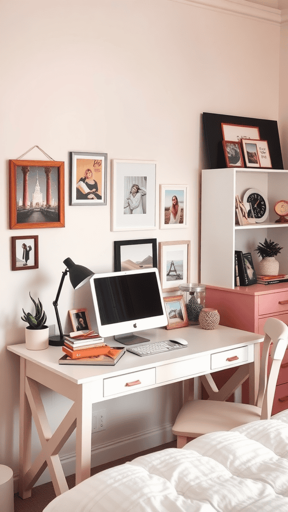 A cozy workspace featuring a desk with a computer, books, and personal photos on the wall.