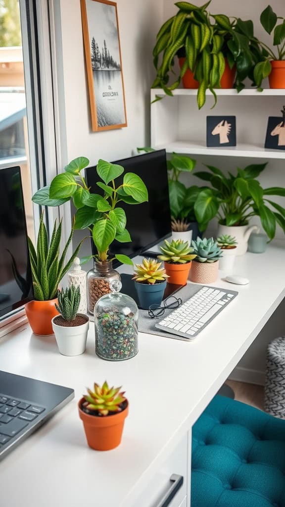 A bright dorm desk with various plants in pots, a computer, and decorative elements.