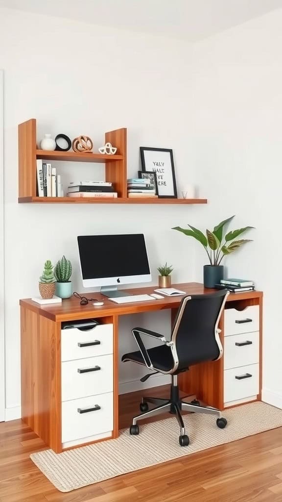 A well-organized home office with a wooden desk, shelves, and plants.