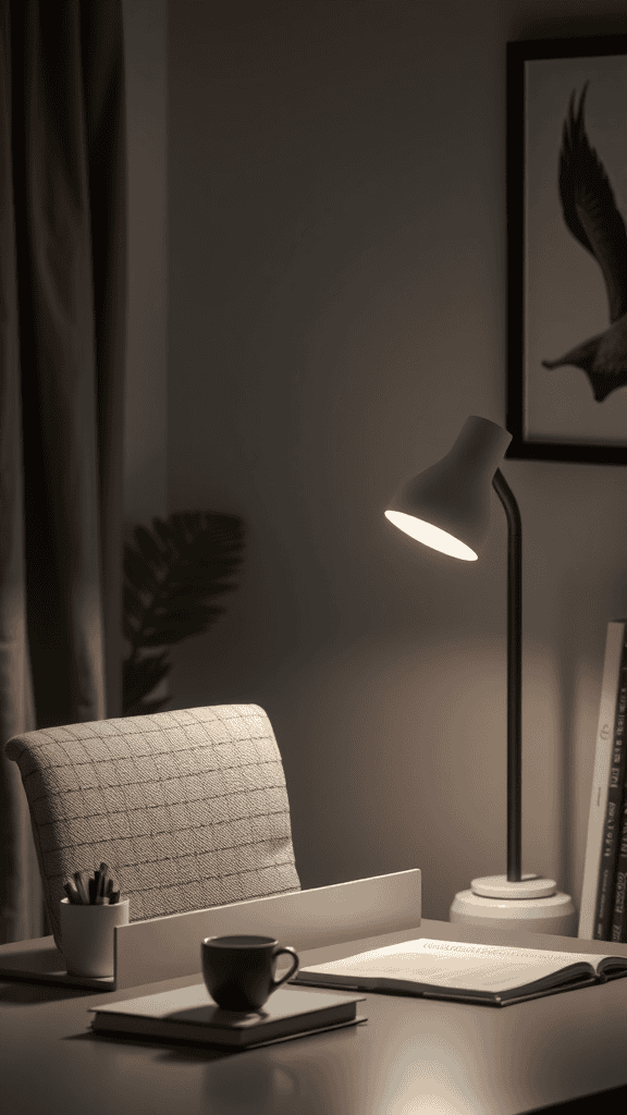 A softly lit workspace with a desk lamp, books, and a coffee cup.