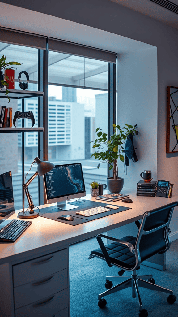 A modern workspace with a computer, desk lamp, plants, and shelves filled with books and tech gadgets.