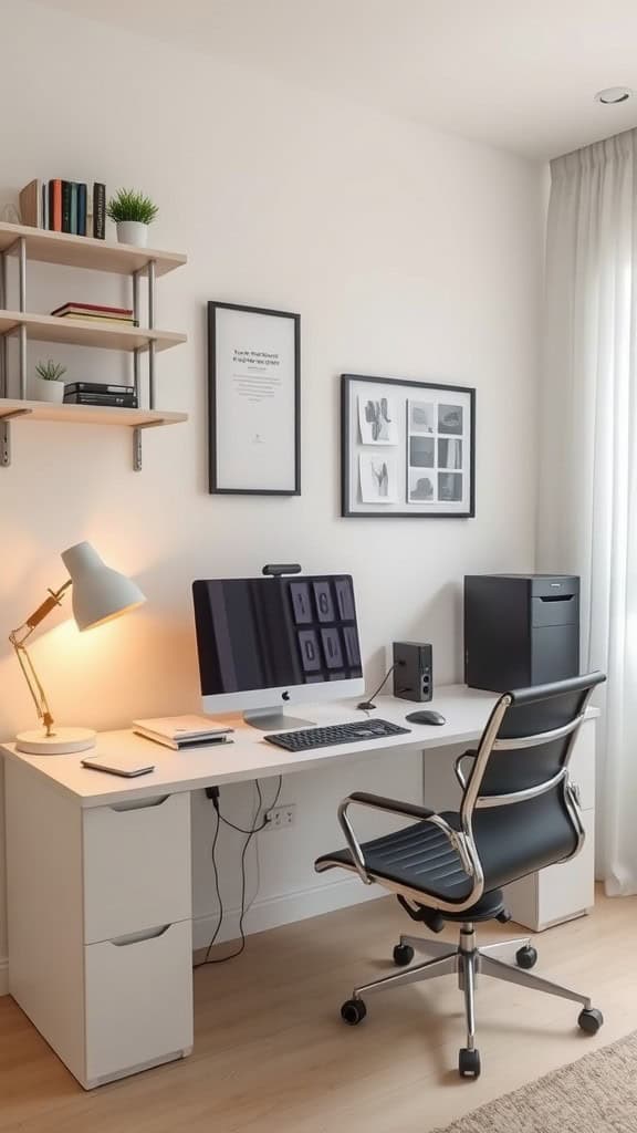 Modern workspace with a computer, stylish chair, and decorative shelves.