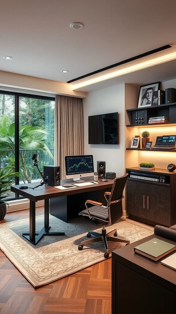 A modern luxury home office with a sleek desk, computer, and plants visible through the window.