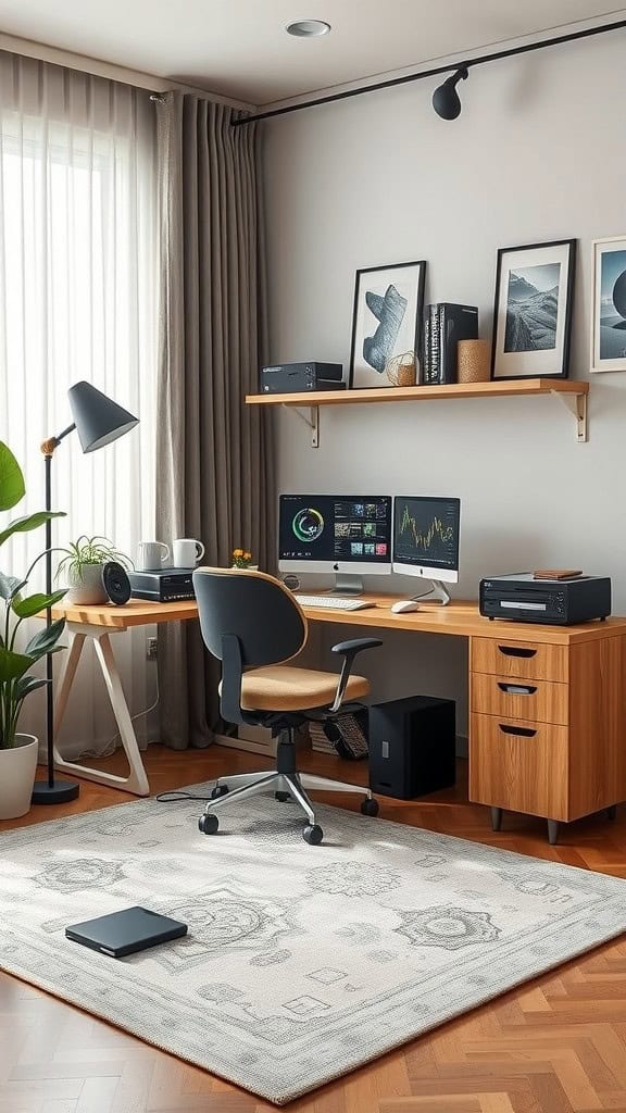 A modern workspace featuring dual monitors, a comfortable chair, and natural light.