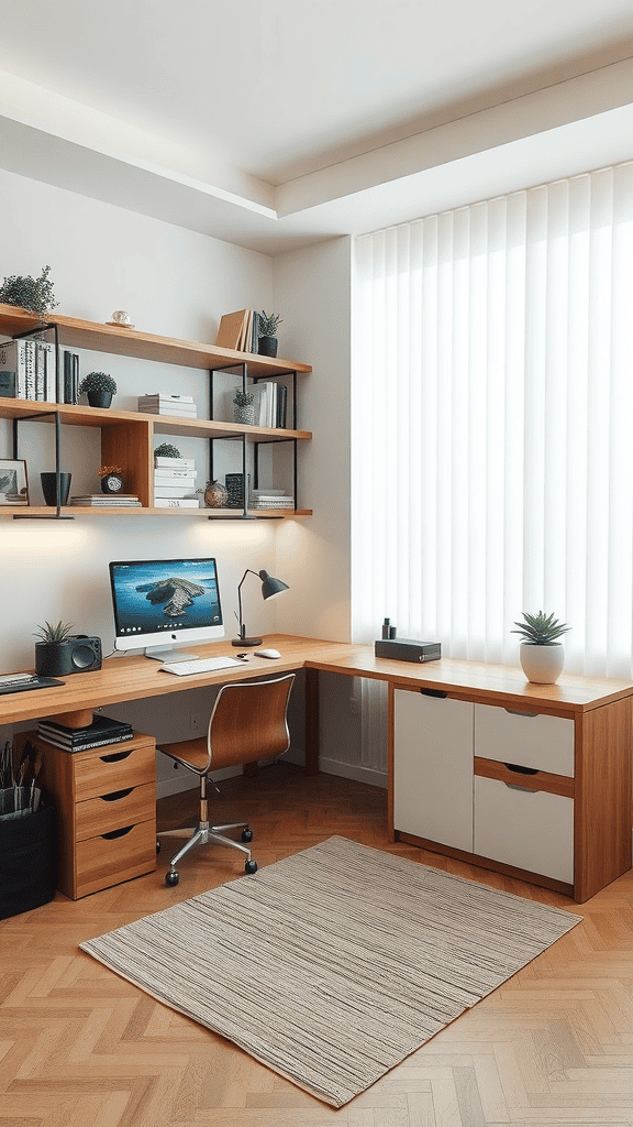 A modern home office setup featuring a wooden desk, computer, and plants.