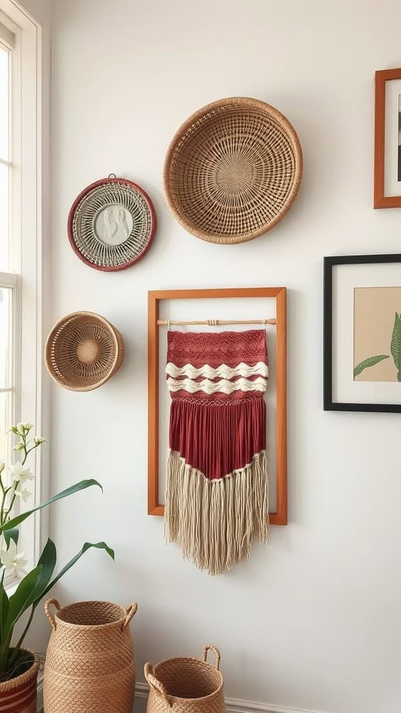 A wall display featuring textured fabrics and woven baskets in a bright room.