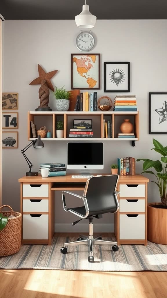 A stylish home office featuring a wooden desk, a computer, bookshelves, and decorative elements.