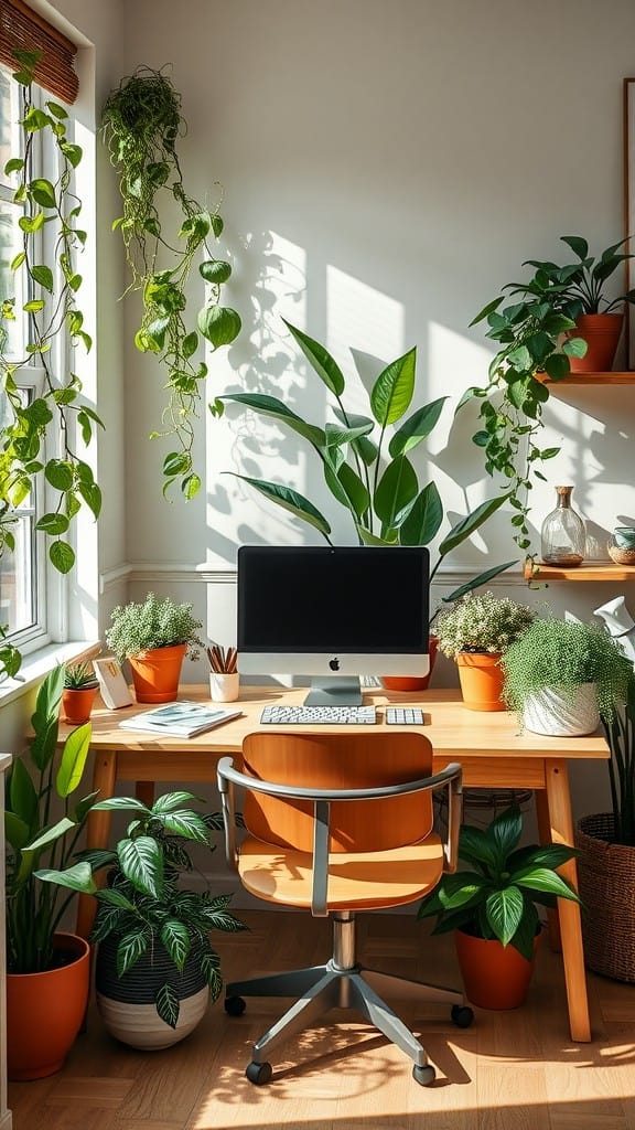 A home office with a desk and computer surrounded by various indoor plants in pots.