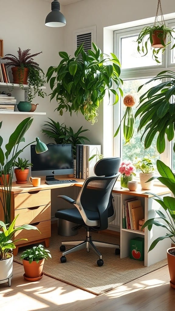 A feminine modern home office filled with plants, showcasing a desk, computer, and natural light.