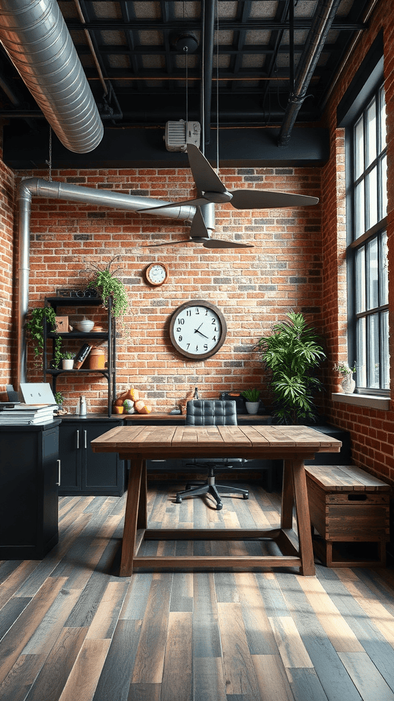 Stylish industrial office with exposed brick walls, wooden desk, and plants.