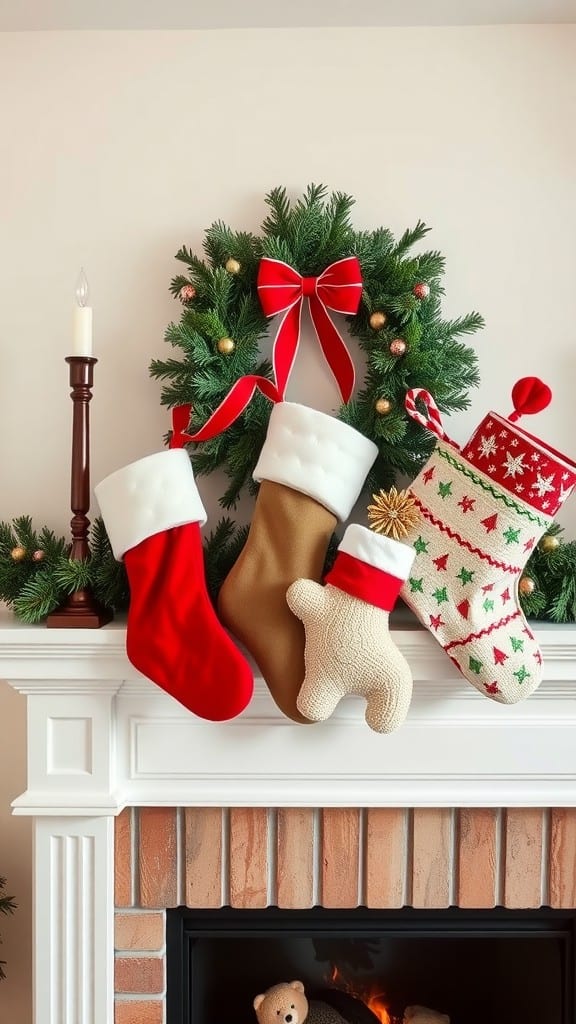 Colorful Christmas stockings hanging above a fireplace decorated with a wreath and candle