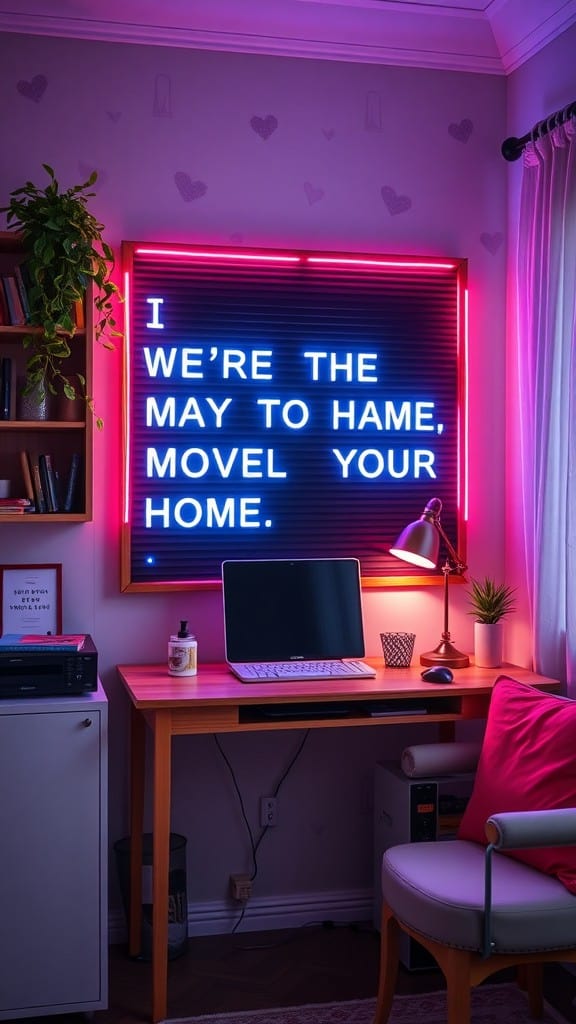 A neon message board with playful text, illuminating a cozy workspace.