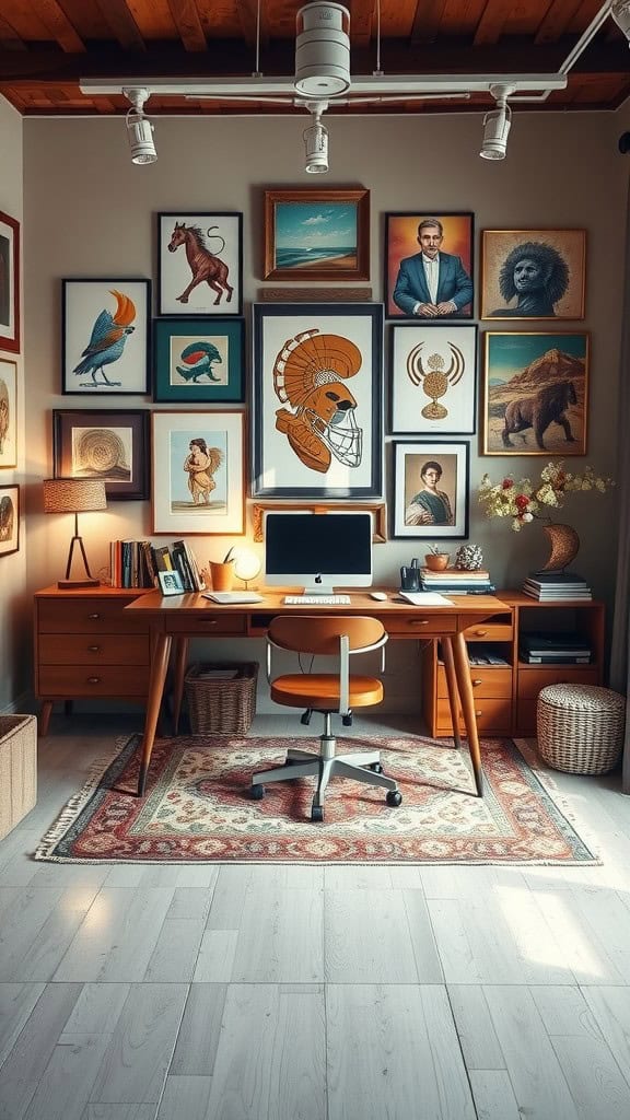 A stylish home office with a wooden desk in the middle, surrounded by an eclectic art gallery wall.