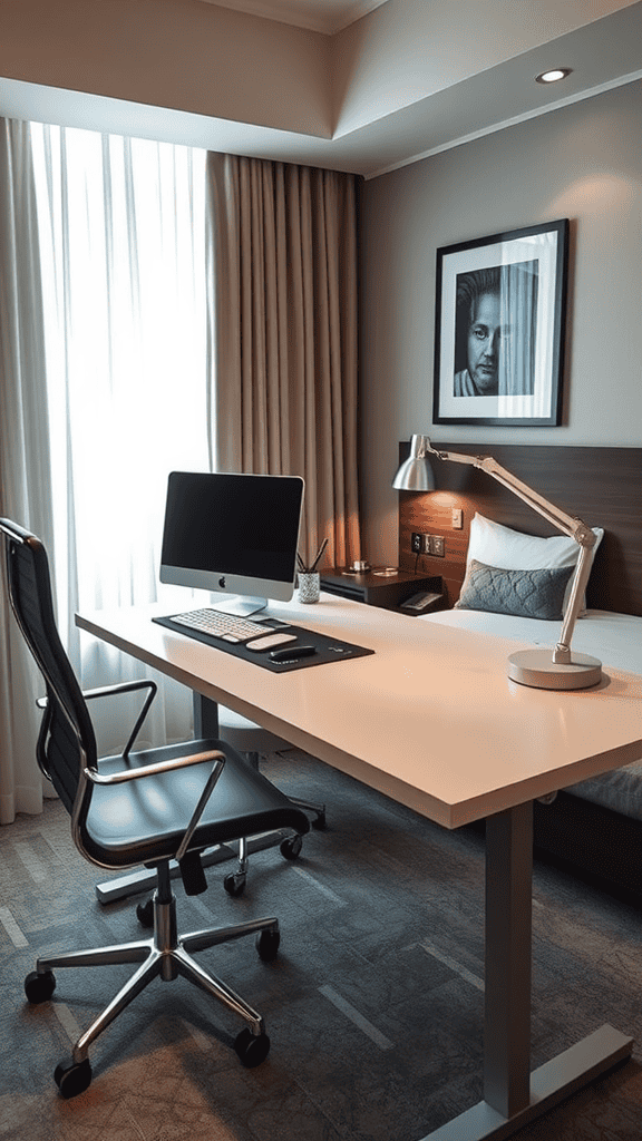 A modern desk setup in a guest room with a computer, chair, and lamp.