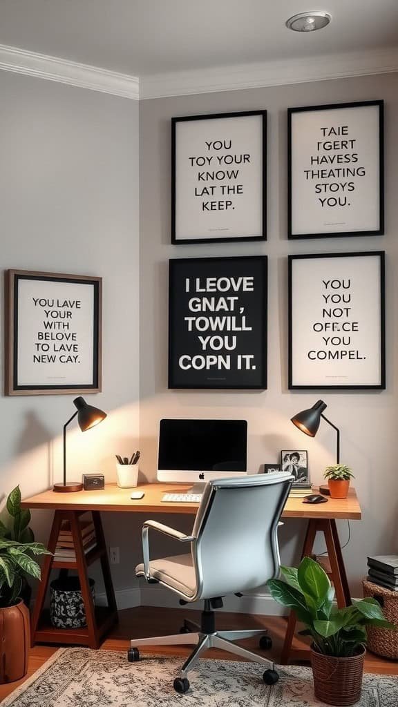 A cozy home office with humorous wall art and a well-organized desk.