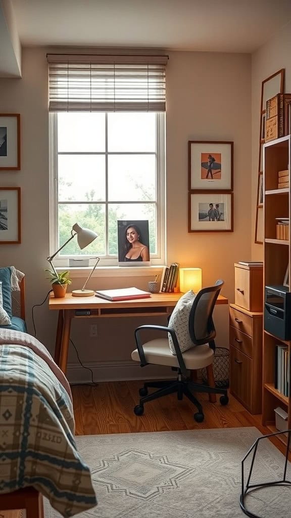 A cozy study nook with a wooden desk, chair, and decorative elements.