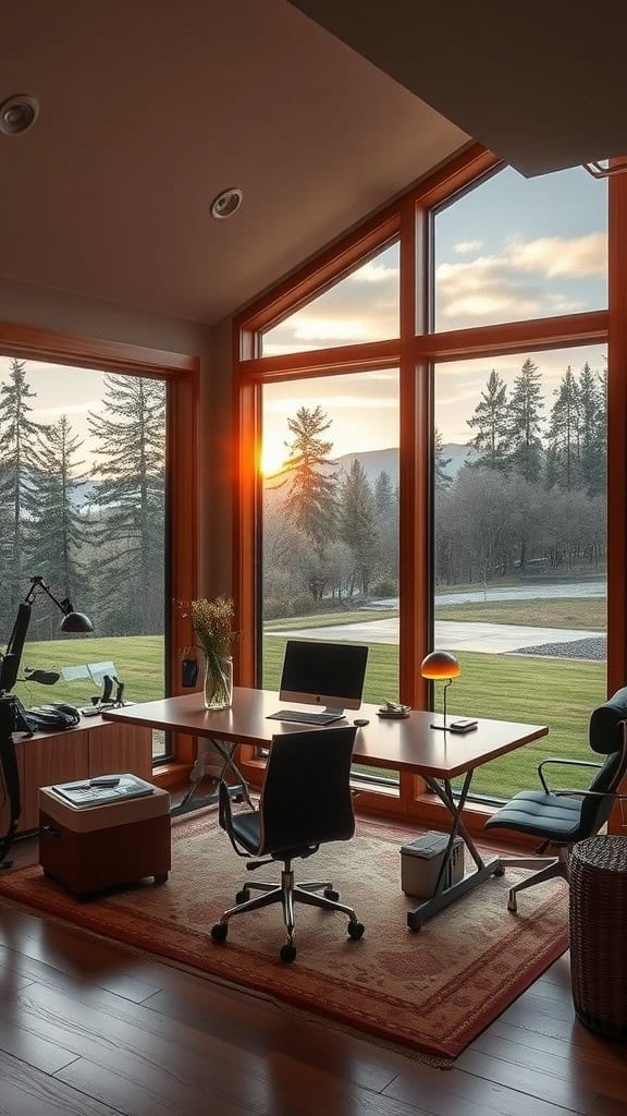 A modern luxury home office with large windows overlooking a serene landscape at sunset.