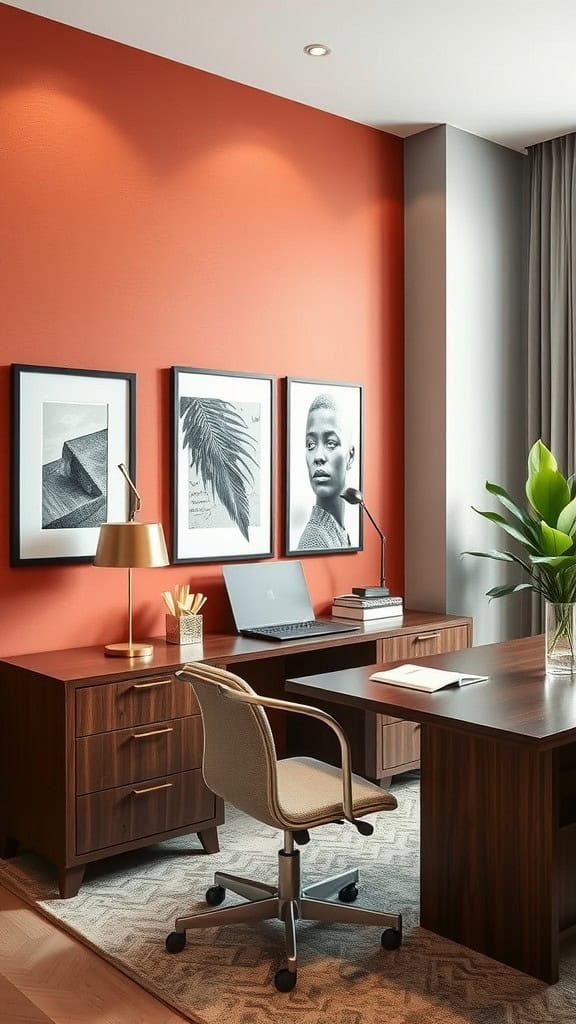 A luxury home office with warm orange walls, black-and-white framed art, elegant furniture, and a touch of greenery.