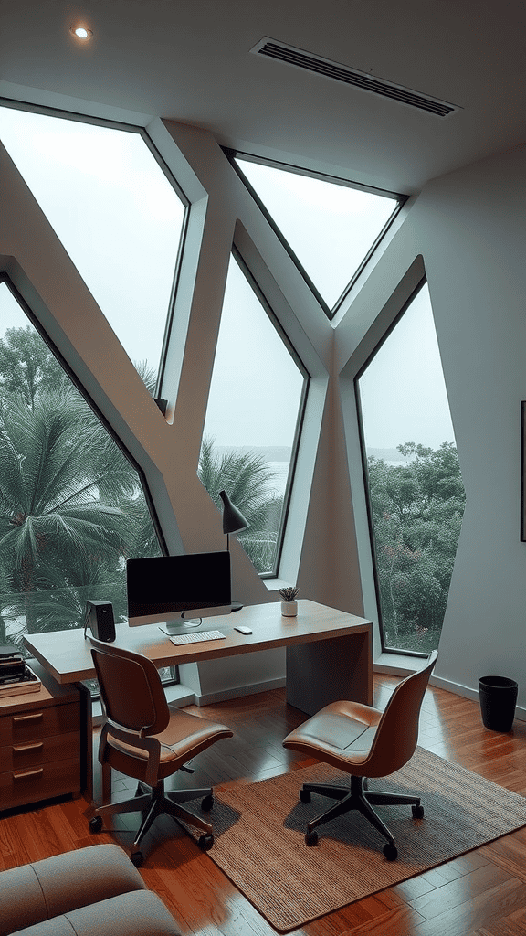 Modern office space with unique geometric windows and a view of greenery outside.